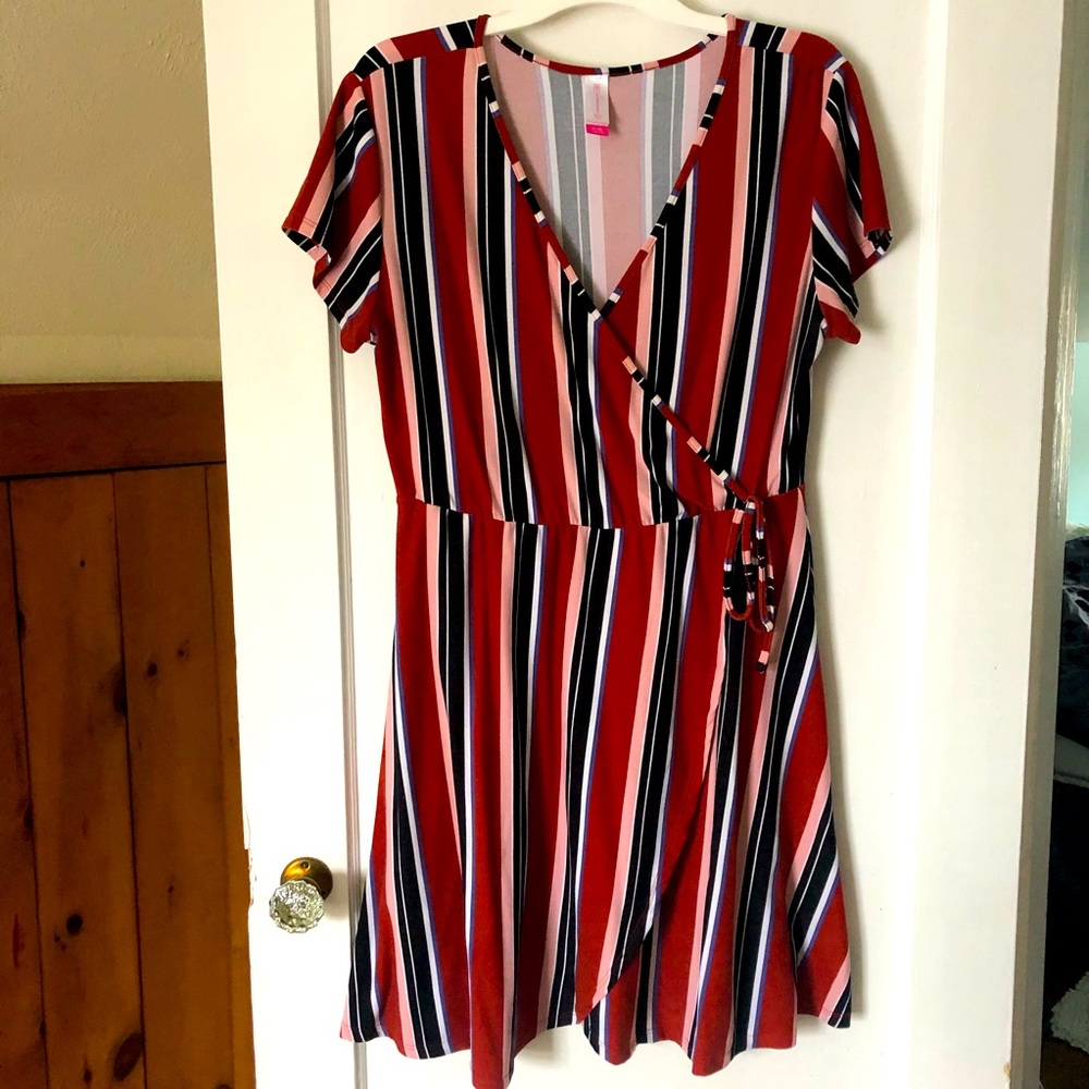 Striped faux wrap dress in rust brown